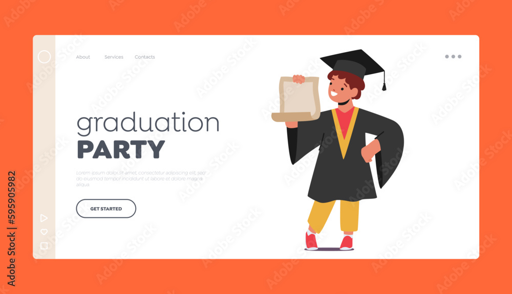Graduation Party Landing Page Template. Armed With Their Degree, Graduate Kid Character Sets Out On A New Journey Graduation Party Landing Page Template. Armed With Their Degree, Graduate Kid Character Sets Out On A New Journey