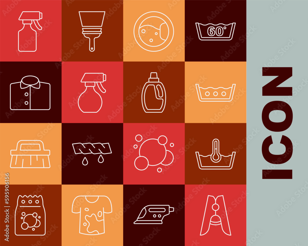 Set line Clothes pin, Temperature wash, Washer, Water spray bottle, T-shirt, and Bottle for cleaning agent icon. Vector Set line Clothes pin, Temperature wash, Washer, Water spray bottle, T-shirt, and Bottle for cleaning agent icon. Vector