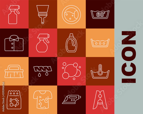 Set line Clothes pin, Temperature wash, Washer, Water spray bottle, T-shirt, and Bottle for cleaning agent icon. Vector
