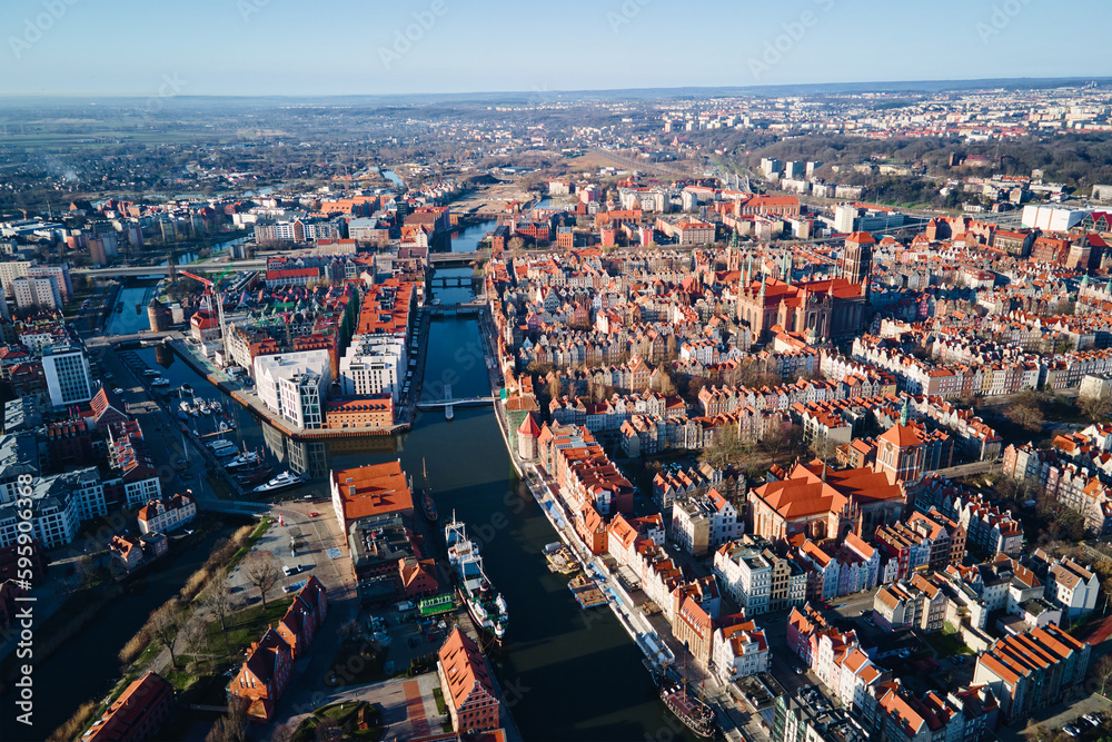 Obraz premium Aerial view of Gdansk city in Poland. Historical center in old town in european city. Panoramic view of modern european city