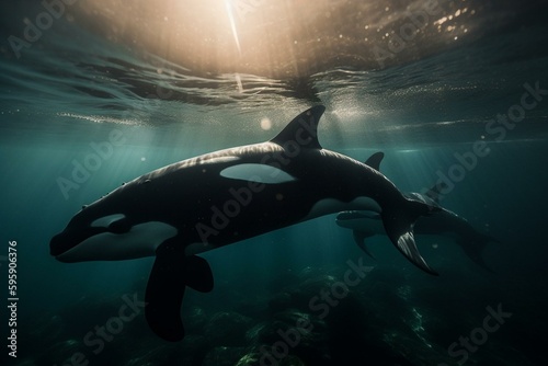 An Orca family swimming together in the ocean. Generative AI © Ramin