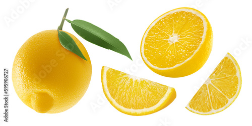 Different lemons parts set isolated on transparent background. Whole fruit with two green leaves, one citrus half, juicy slices. Bright cut out elements for cosmetics, food packaging layout design