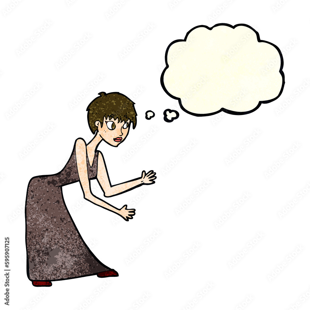 cartoon woman in dress gesturing with thought bubble cartoon woman in dress gesturing with thought bubble