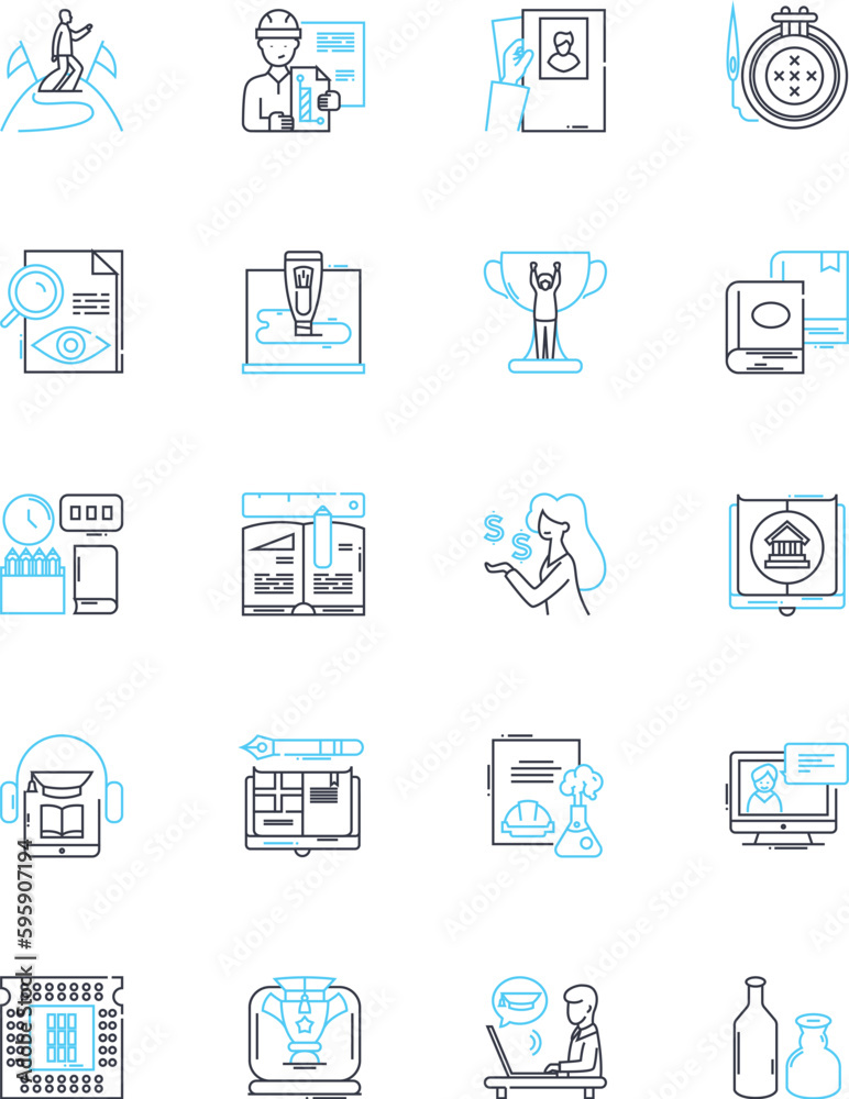 Academic instruction linear icons set. Education, Learning, Instruction, Curriculum, Pedagogy, Classroom, Lecture line vector and concept signs. Homework,Assessments,Exams outline illustrations
