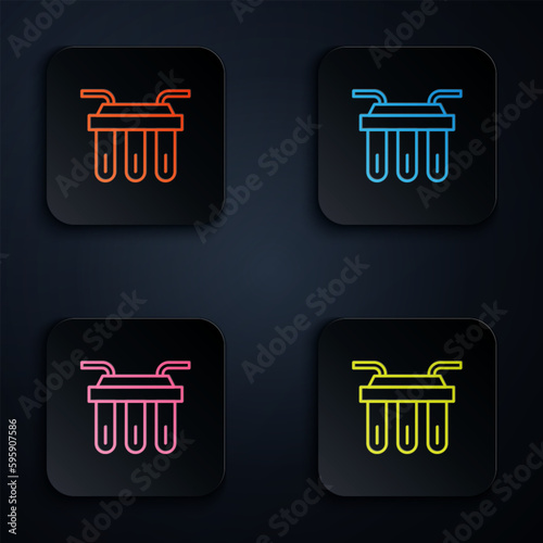 Color neon line Water filter icon isolated on black background. System for filtration of water. Reverse osmosis system. Set icons in square buttons. Vector