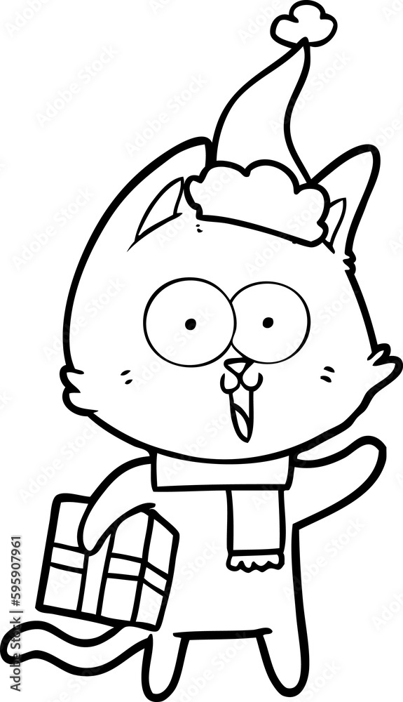 funny hand drawn line drawing of a cat wearing santa hat funny hand drawn line drawing of a cat wearing santa hat