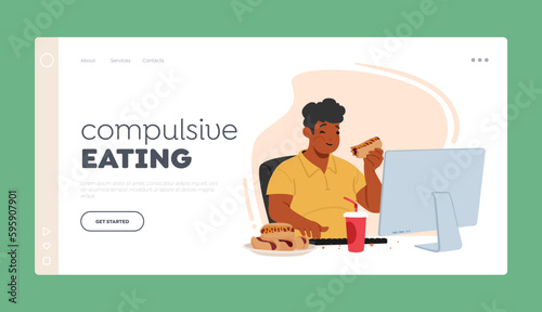 Compulsive Eating Landing Page Template. Man Character With An Obsessive Eating Disorder Sit at Desk, Illustration