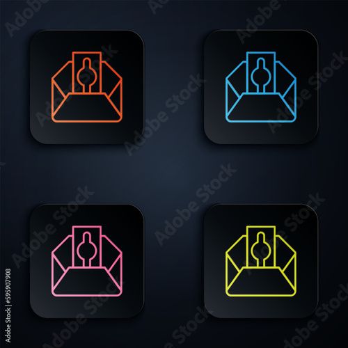Color neon line Donate or pay your zakat as muslim obligatory icon isolated on black background. Muslim charity or alms in ramadan kareem before eid al-fir. Set icons in square buttons. Vector