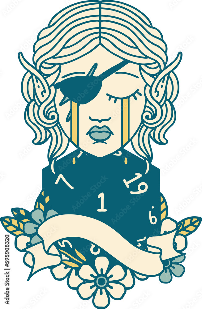 Retro Tattoo Style crying elf rogue character face with natural one D20 roll Retro Tattoo Style crying elf rogue character face with natural one D20 roll