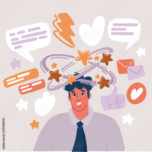 Vector illustration of Dizziness, Migraine, Headache, Distracted Head Linear Pictogram. Front View. Man Feel Dizzy Line Icon. Tired Man with Nausea, Editable Stroke.