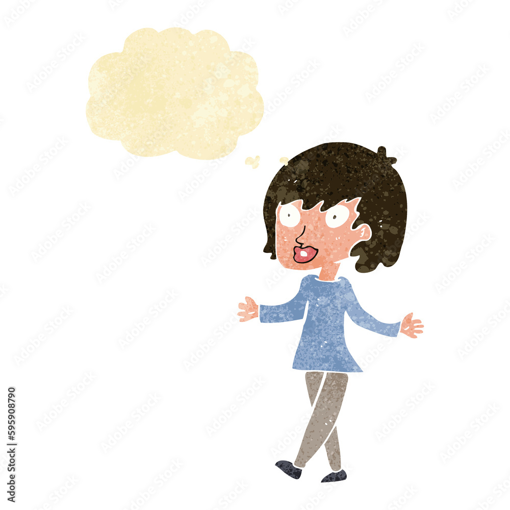 cartoon woman with open arms with thought bubble cartoon woman with open arms with thought bubble