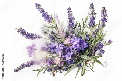 Isolated watercolor bouquet of lavender   violet summer flowers on white. Generative AI