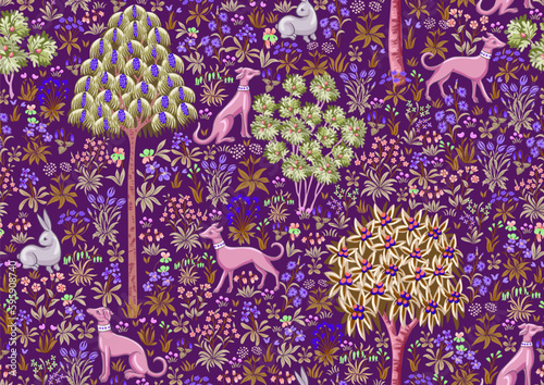 Traditional renaissance tapestry pattern with flowers, trees and animals. Millefleurs trendy floral design. Seamless pattern, background. Vector illustration.