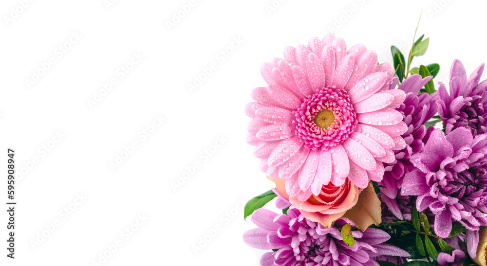 Bunch of fresh spring flowers isolated on white background with copy-space