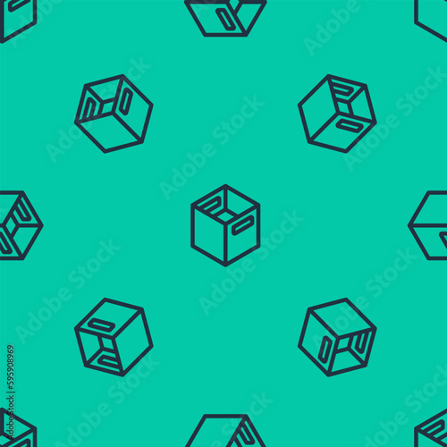 Blue line Carton cardboard box icon isolated seamless pattern on green background. Box  package  parcel sign. Delivery and packaging. Vector