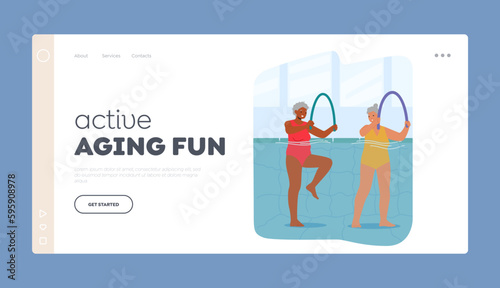 Active Aging Fun Landing Page Template. Senior Female Characters Exercise in Pool with Noodles Training Muscle Strength