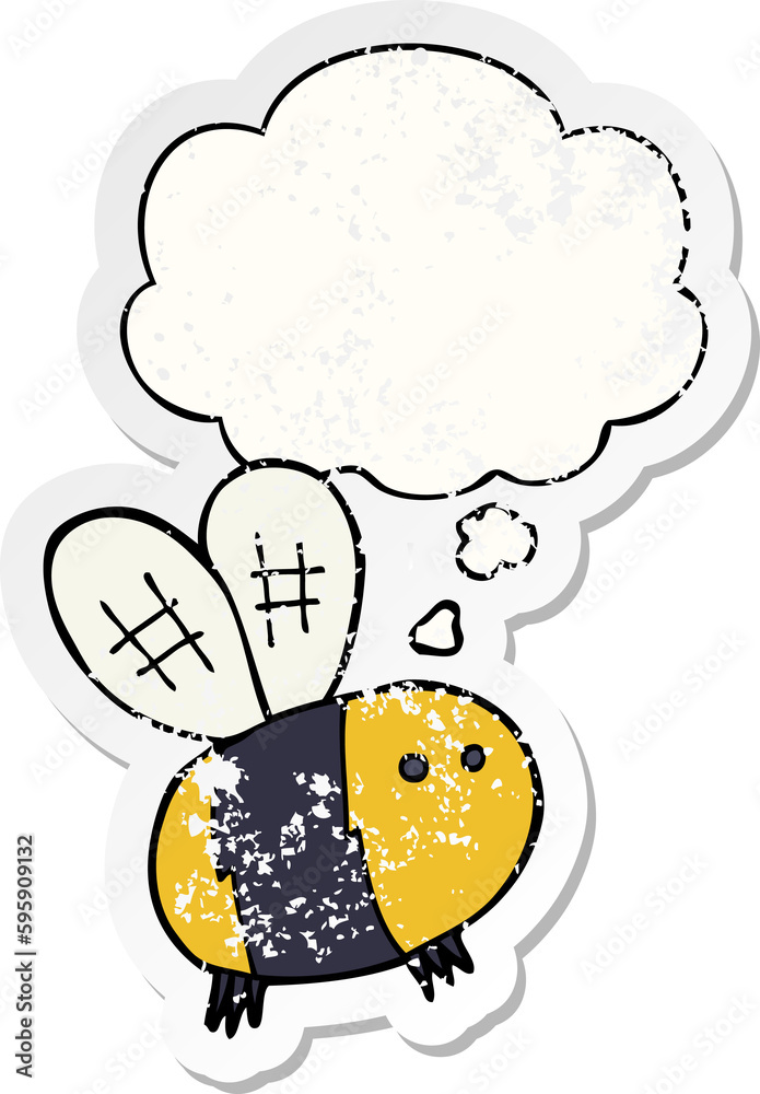 cartoon bee with thought bubble as a distressed worn sticker