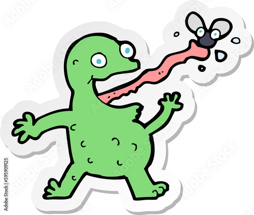 sticker of a cartoon frog catching fly