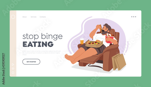 Stop Binge Eating Landing Page Template. Man Character With Obsessive Eating Addiction Lying on Armchair, Illustration