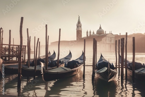 Watercolor painting of Venice with gondolas in the morning. Generative AI © Virelai