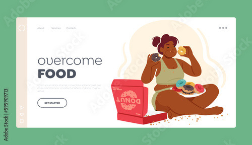 Consuming Unhealthy Foods Landing Page Template. Overweight Female Character with Obsessive Eating