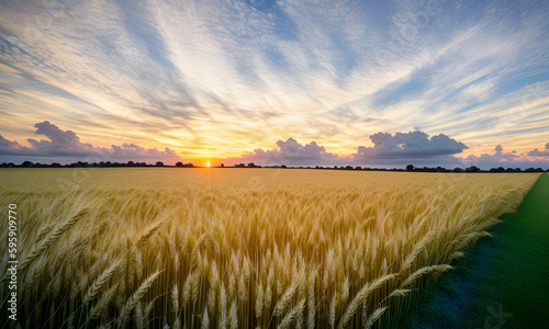 A beautiful sky landscape over a wheat field with a sunrise, created with the help of artificial intelligence.