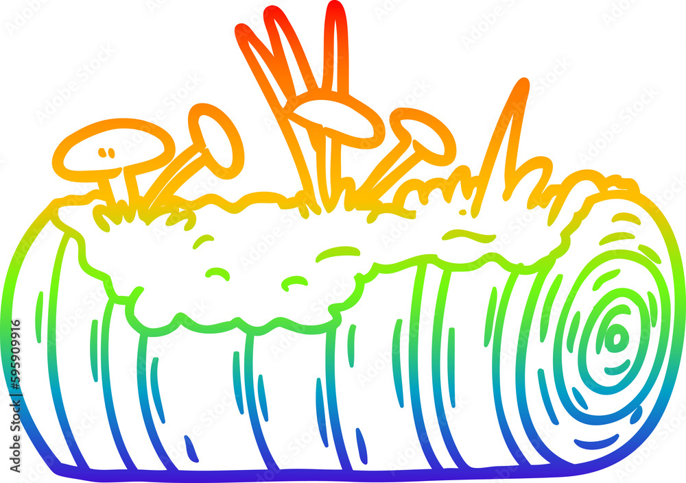 Obraz premium rainbow gradient line drawing of a cartoon old log with mushrooms