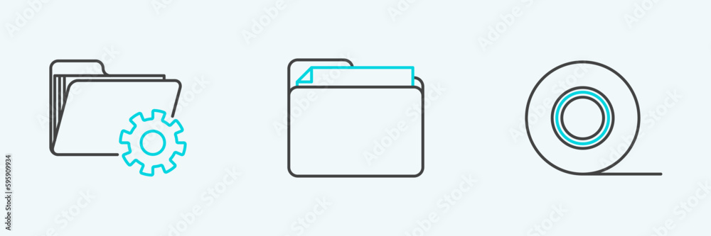 Set line Scotch, Folder settings with gears and Document folder icon. Vector