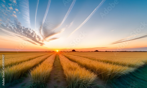 A beautiful sky landscape over a wheat field with a sunrise, created with the help of artificial intelligence.