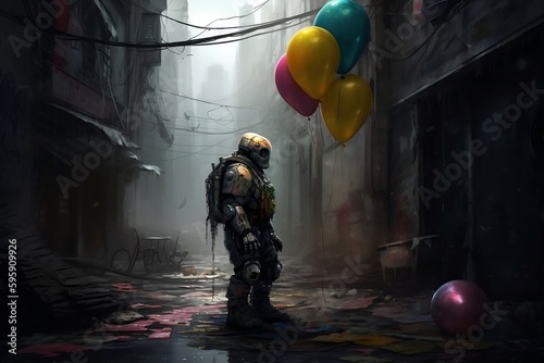a cyberpunk robot in the middle of a post apocalyptic destroyed city, it's holding some colorful balloons. generative AI