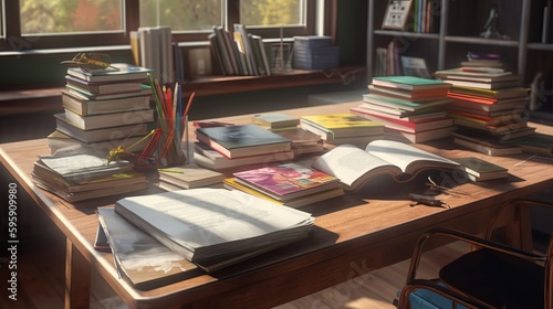 School books on desk photorealistic. AI generated