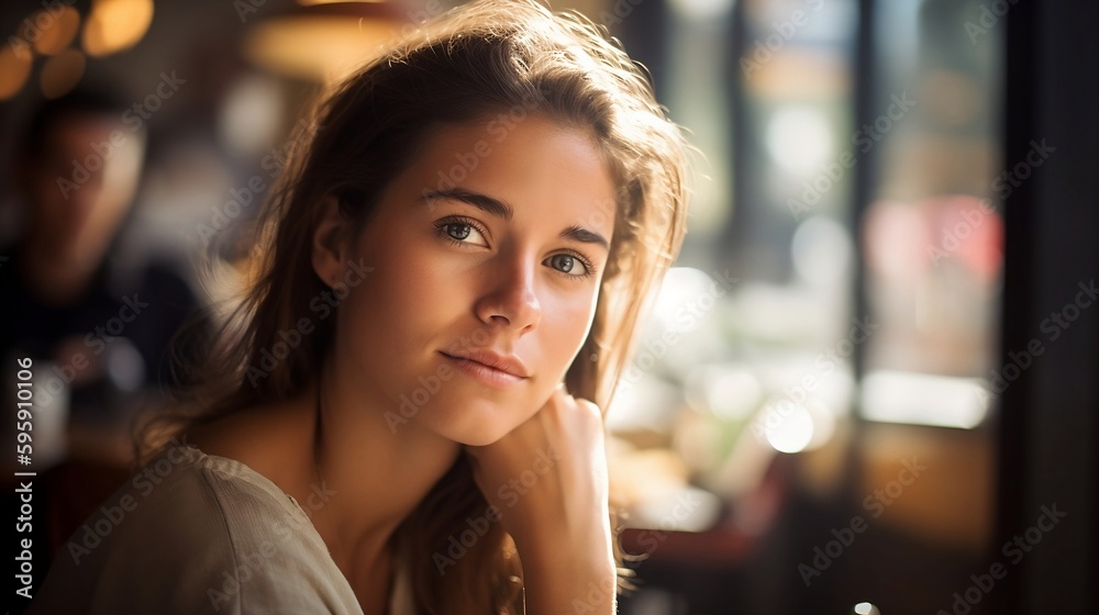 Attractive young woman keeping eye contact with you - AI Portrait Photography - obrazy, fototapety, plakaty 