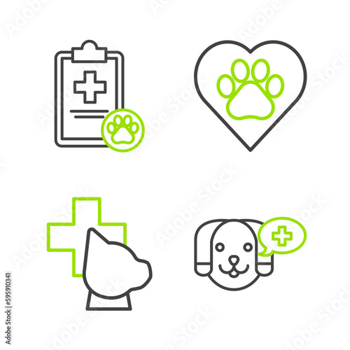 Set line Veterinary clinic symbol, Heart with animals footprint and Clipboard medical clinical record pet icon. Vector