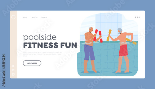 Poolside Fitness Fun Landing Page Template. Senior Characters Exercise In Refreshing Water During An Aqua Aerobics Class