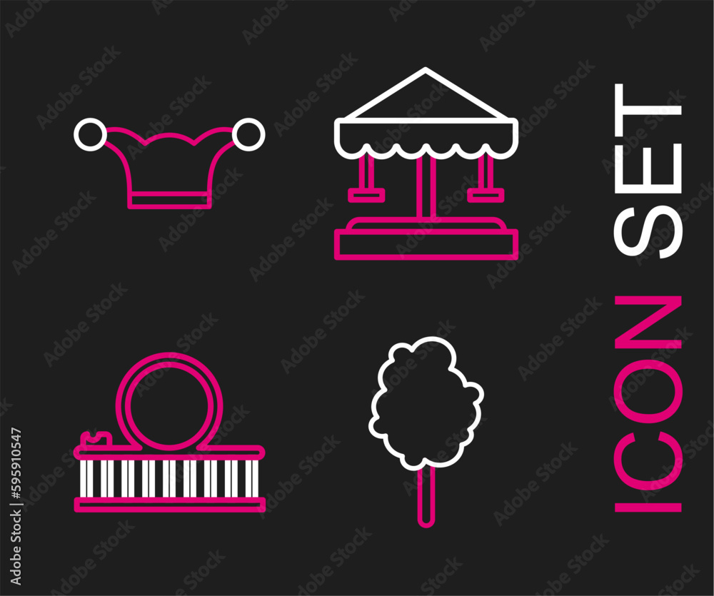 Set line Cotton candy, Roller coaster, Attraction carousel and Jester hat with bells icon. Vector