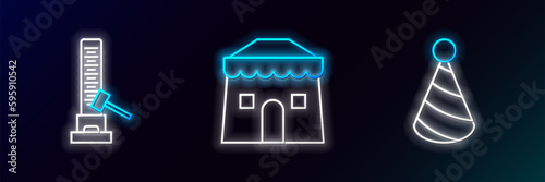 Set line Party hat, High striker attraction with big hammer and Circus tent icon. Glowing neon. Vector