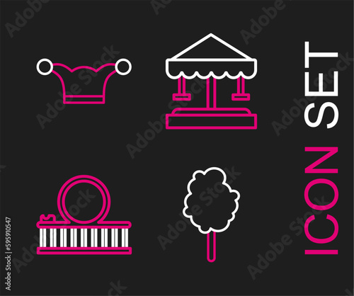 Set line Cotton candy, Roller coaster, Attraction carousel and Jester hat with bells icon. Vector