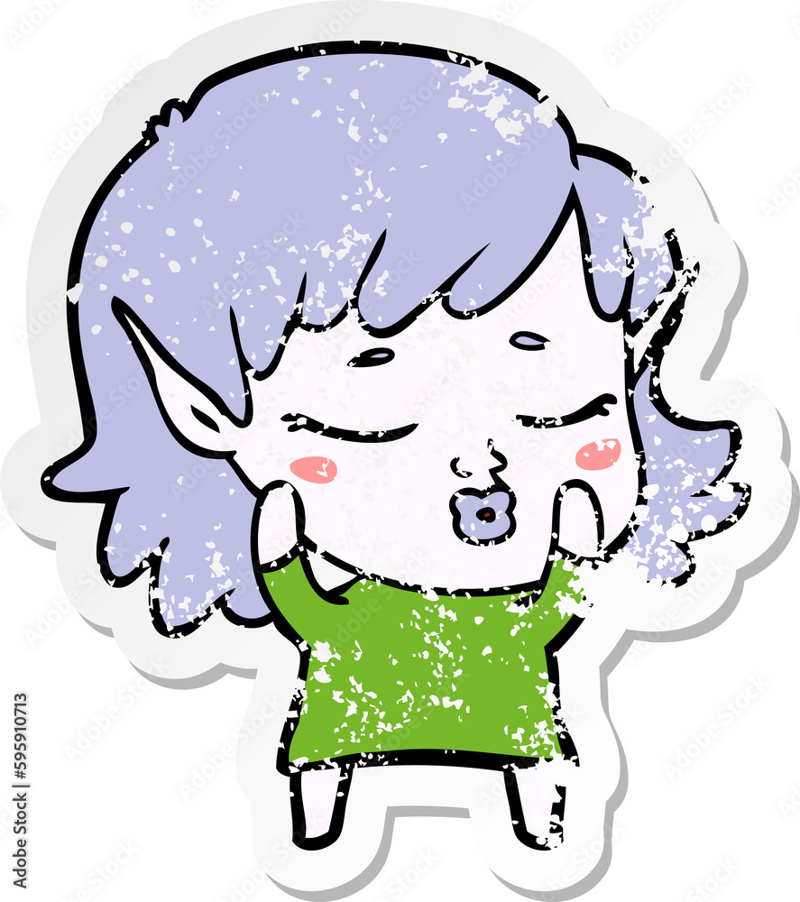 distressed sticker of a pretty cartoon elf girl distressed sticker of a pretty cartoon elf girl