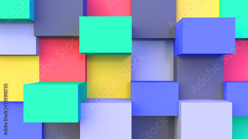 3D wall of colorful geometric cubes. Abstract art wallpaper