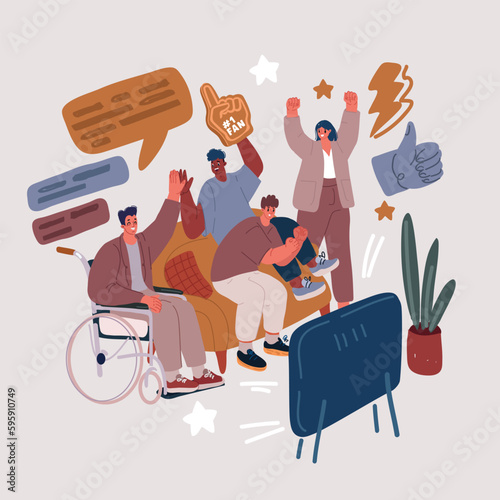 Vector illustration of Football on TV, fan in wheelchair. Football championship and support group. People watch sports. Friends character in wheel chair over dark backround