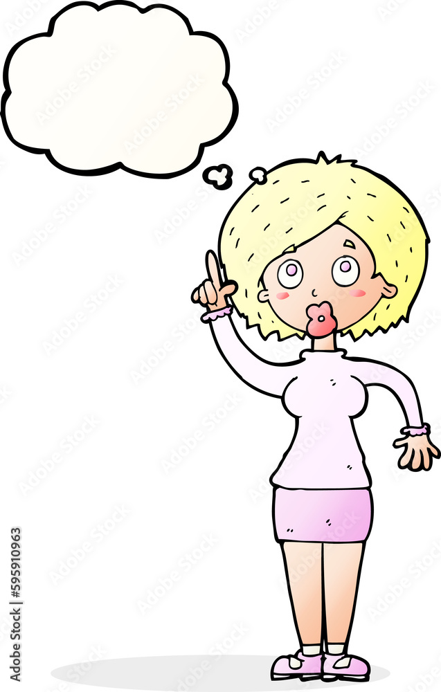 cartoon woman with idea with thought bubble cartoon woman with idea with thought bubble