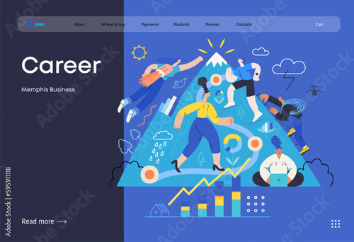 Memphis business illustration. Career-modern flat vector concept illustration of people climbing the mountain. Climbing up the career ladder process metaphor. Corporate business metaphor