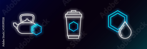 Set line Honeycomb, Tea kettle with honey and Cup of tea icon. Glowing neon. Vector