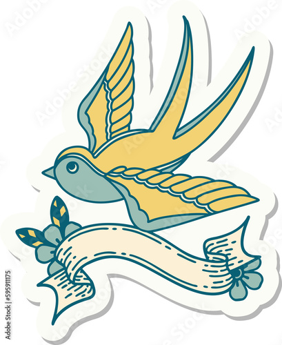 tattoo style sticker with banner of a swallow