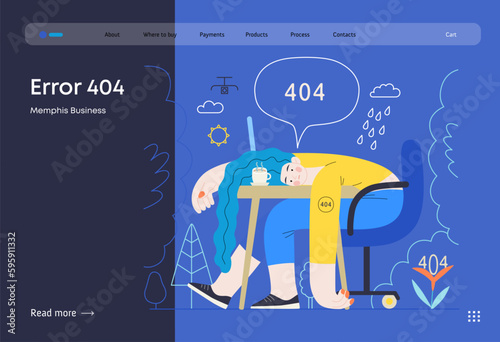 Memphis business illustration. Error 404 -modern flat vector concept illustration of page Error 404 - hopeless woman at the desk. Page not found metaphor. Corporate business sales concept