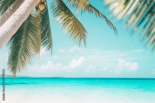 A tropical banner with turquoise water, white sand and palm tree. Summer and vacation concept. Generative AI © Gabriela