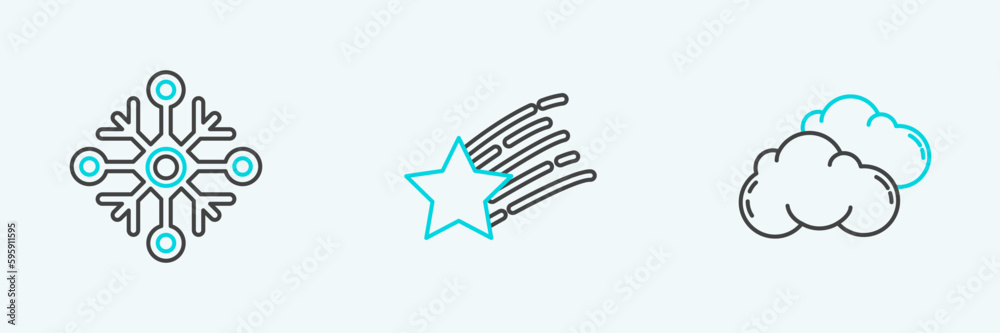 Set line Cloud, Snowflake and Falling star icon. Vector Set line Cloud, Snowflake and Falling star icon. Vector
