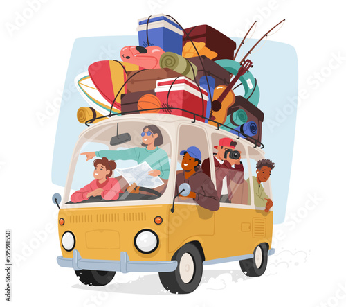 Happy Family Enjoying Car Travel. Fun-filled Parents and Kids Characters Riding Retro Car during Road Trip, Shoot Photo