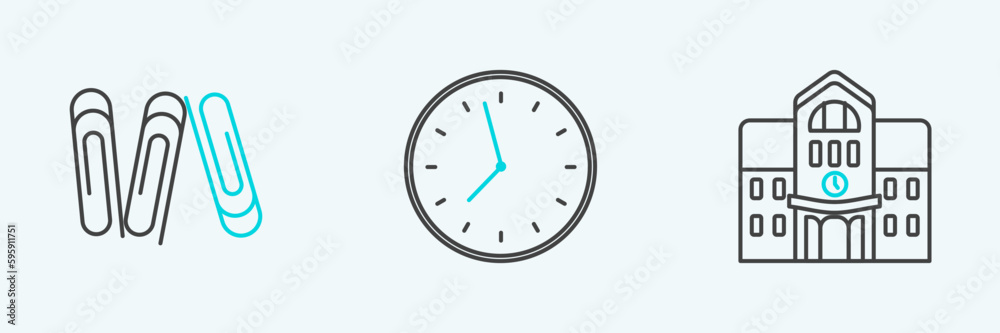 Set line School building, Paper clip and Clock icon. Vector Set line School building, Paper clip and Clock icon. Vector