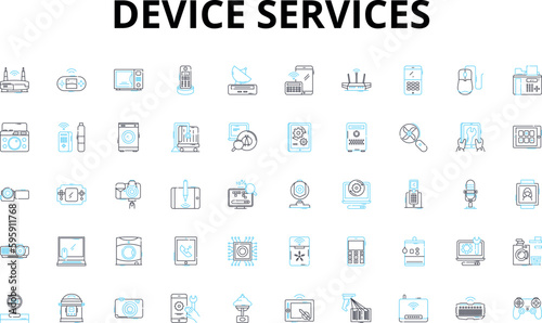 Device services linear icons set. Repairs, Maintenance, Upgrades, Optimization, Diagnostics, Troubleshooting, Configuration vector symbols and line concept signs. Calibration,Alteration,Restoration